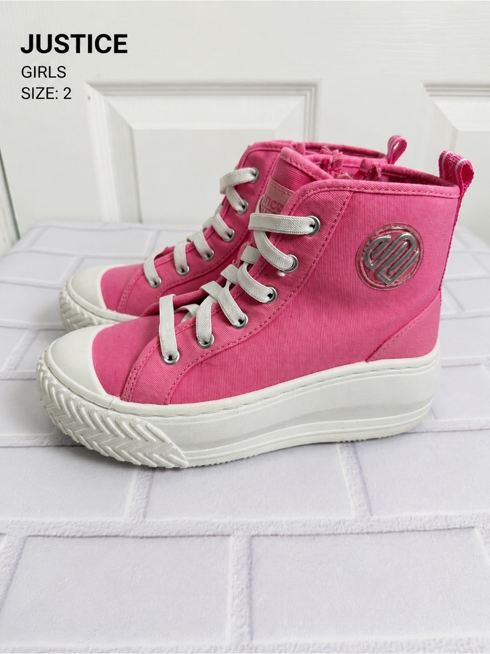 Justice Sport Girls Pink High Top Sneakers Platform Shoes Size 2